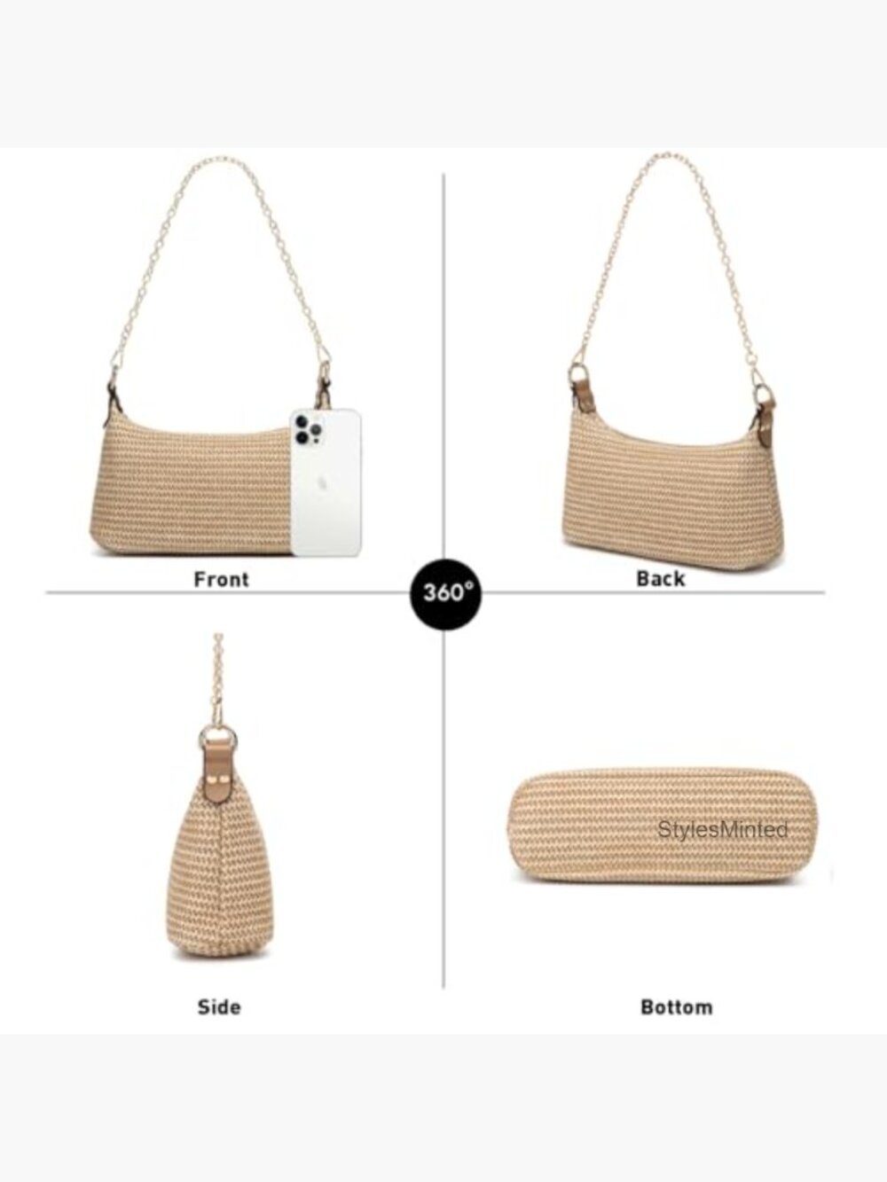 Woven Straw Shoulder Bag Women Small Tote Beach Purse Chain Strap Summer - Picture 4 of 7